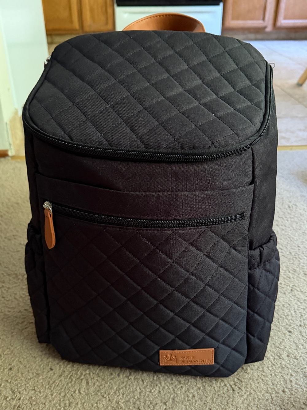 Quilted Black Diaper Bag with Faux Leather Trim + Wipe Case